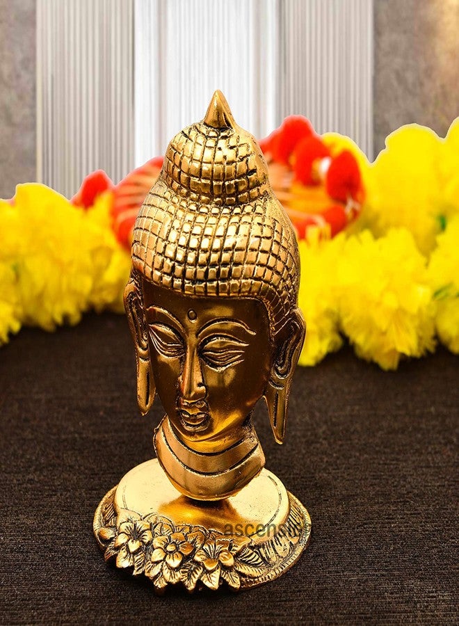 أسينشين تمثال رأس بوذا الذهبي المزخرف من المعدن المؤكسد من أسينشن، مع قاعدة بتصميم زهور، مناسب لتزيين المنزل، وهدية مثالية لعيد ديوالي، وقطعة فنية رائعة، وهدية مميزة للمنزل أو المكتب. - Image 1